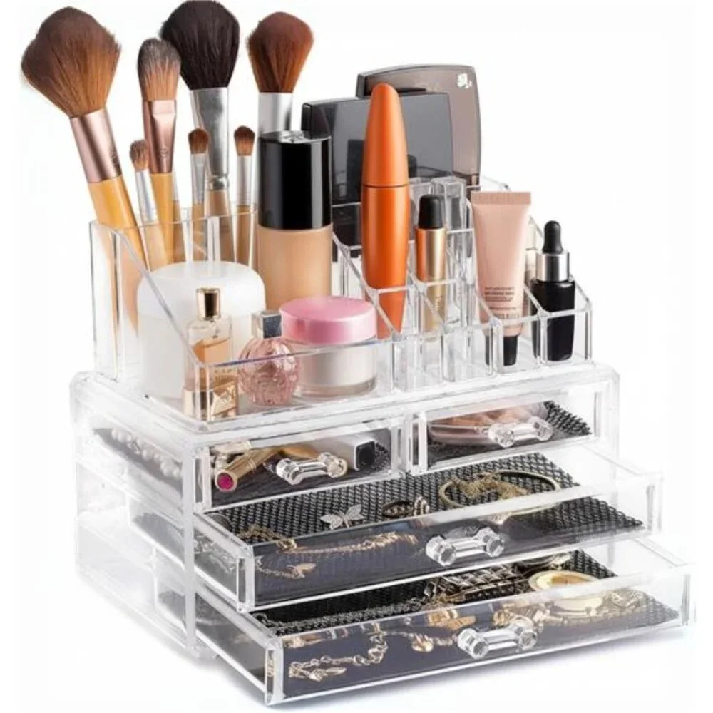 Clear Makeup Organizer -16-Compartment Cosmetic and Jewelry Holder with 4 Drawer